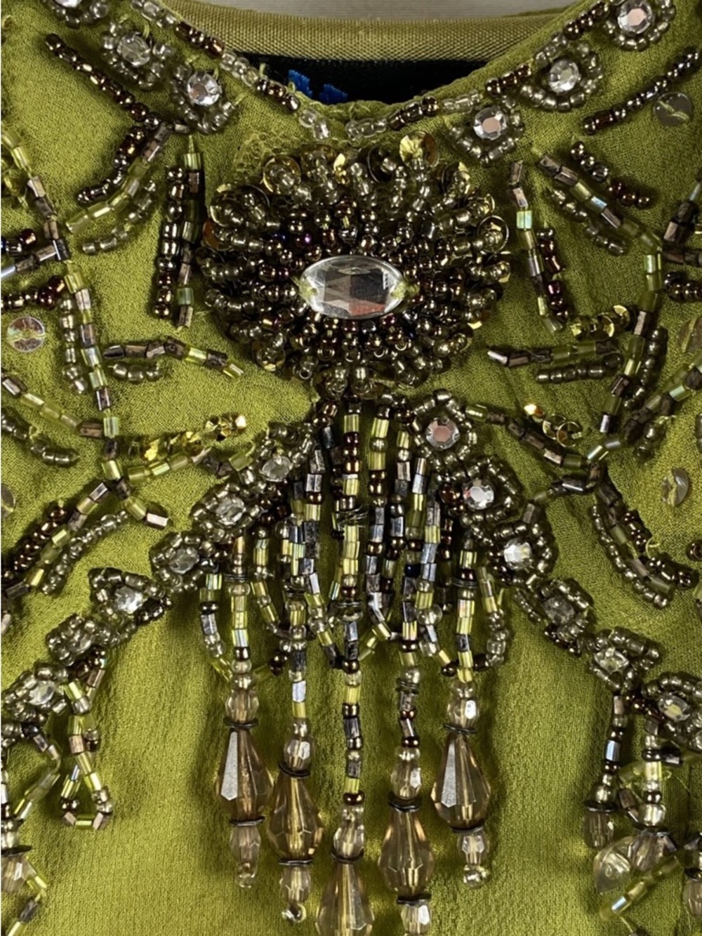 Sue Wong Olive Green Beaded Handkerchief-Hem Fairycore Slip Dress - Picture 6 of 8